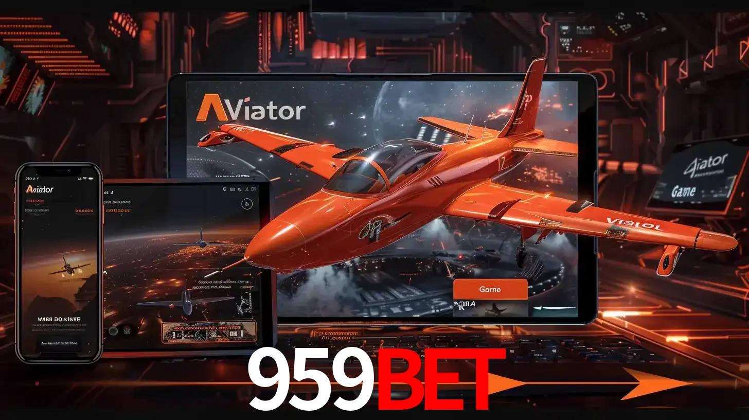 Apresentação tecnológica do jogo Aviator com um avião saindo da tela de um tablet, demonstrando a experiência imersiva em múltiplos dispositivos no 959BET.