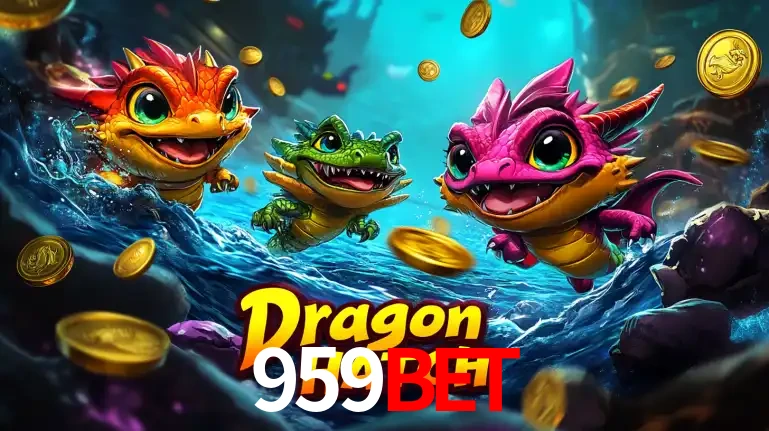 Arte promocional do jogo Dragon Hatch com três adoráveis dragões bebês nadando entre moedas de ouro, um dos slots mais divertidos para jogar no cassino 959BET.