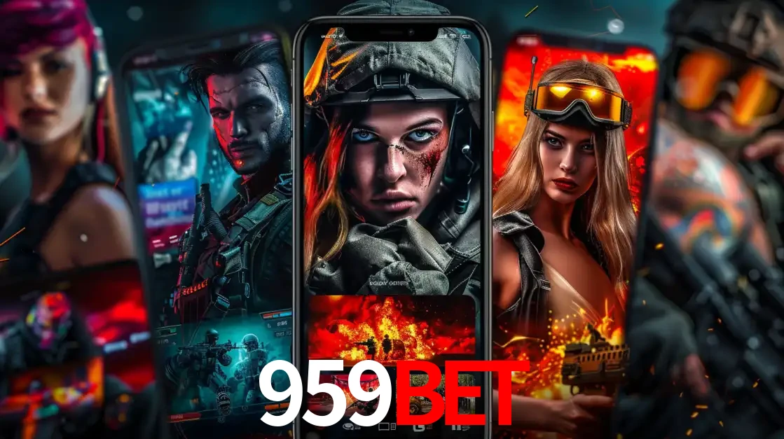 Montagem de telas de celular mostrando diversos personagens, masculinos e femininos, de um jogo de tiro, ilustrando a diversidade de equipes de e-sports para apostar no 959BET.