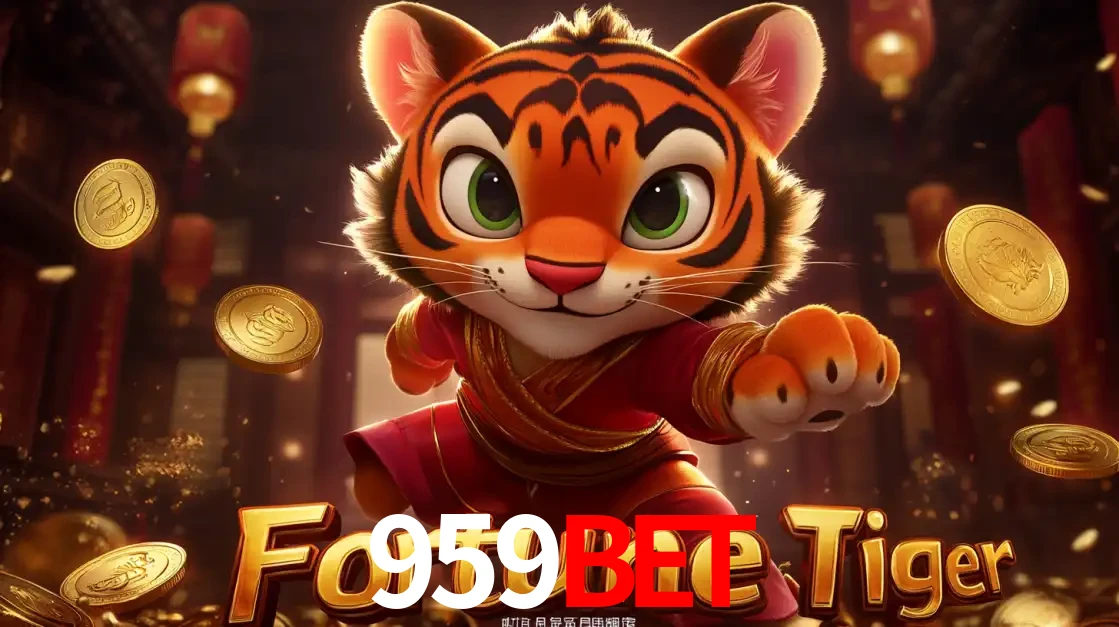 O carismático mascote do jogo de slot Fortune Tiger, um tigre fofo em pose de artes marciais, pronto para trazer sorte e multiplicadores de ganhos no cassino online 959BET.