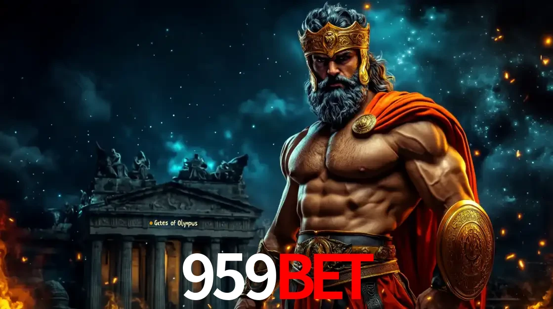 O poderoso Zeus do jogo de slot Gates of Olympus em frente ao seu templo, pronto para lançar multiplicadores divinos e prêmios épicos no cassino online 959BET.