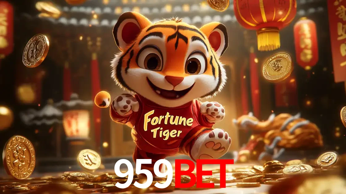 O alegre personagem do Fortune Tiger correndo sobre um caminho de moedas de ouro, simbolizando os grandes prêmios e a diversão do popular jogo de slot do 959BET.