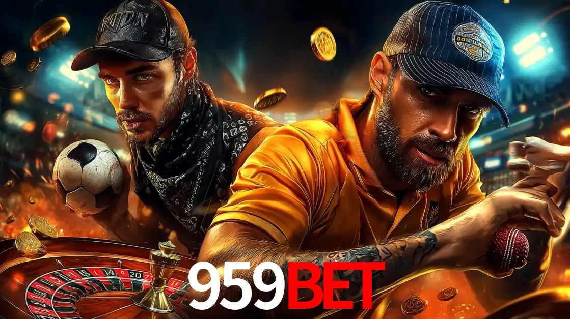 Montagem de apostas esportivas e cassino no 959BET, com um homem segurando uma bola de futebol e outro uma de beisebol sobre uma roleta e moedas voadoras.