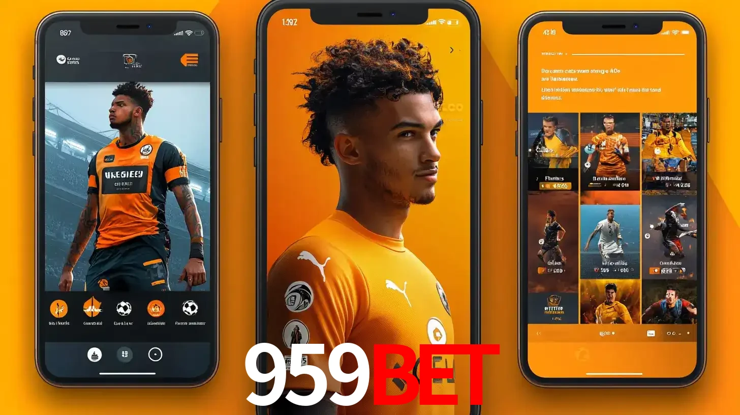Interface do aplicativo de apostas esportivas 959BET em três telas de celular, mostrando o perfil de um jogador de futebol e a lista de jogos disponíveis para apostar.