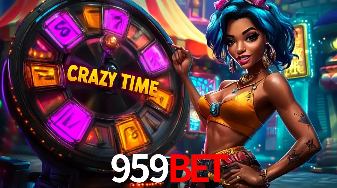 Mulher estilizada com cabelo azul e visual vibrante posando ao lado da roda de prêmios do game show Crazy Time, convidando para a diversão e os bônus do cassino 959BET.