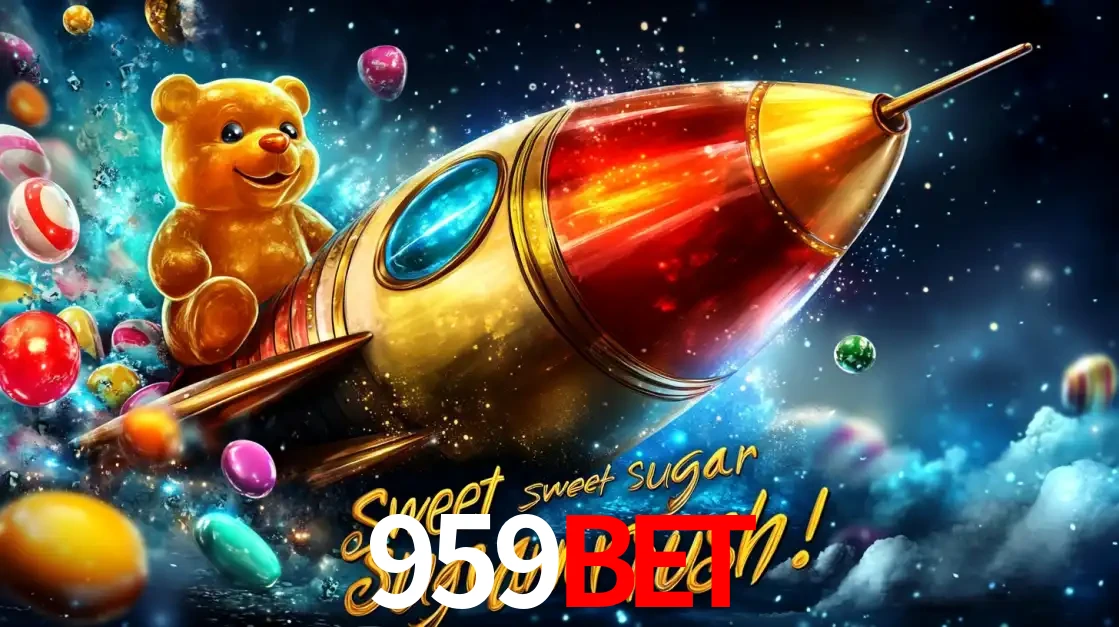 Arte promocional do jogo de slot Sugar Rush, com um urso de pelúcia em um foguete viajando pelo espaço de doces, um dos jogos divertidos disponíveis no cassino 959BET.