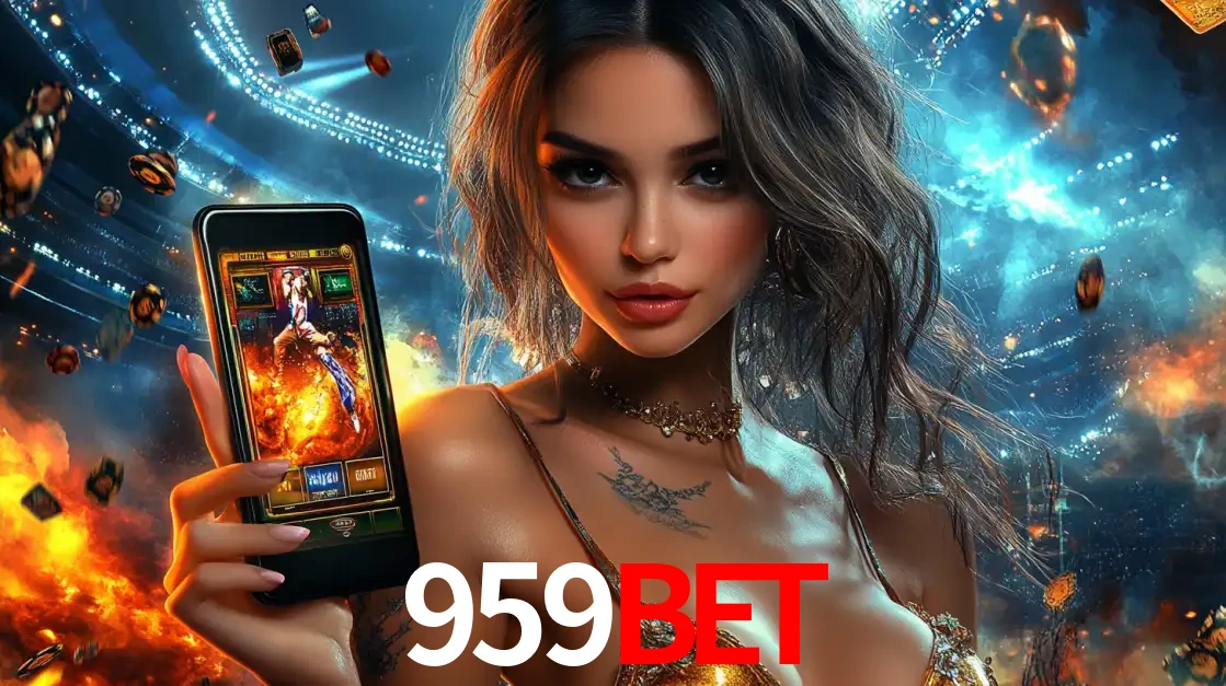 Mulher segurando um celular com um jogo de slot em destaque, tendo como fundo um estádio vibrante, simbolizando a emoção de jogar no cassino móvel 959BET.