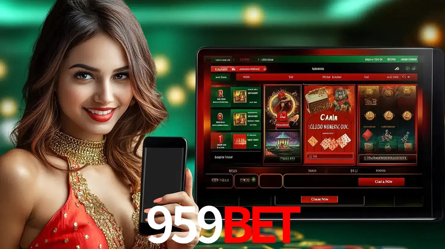 Mulher sorridente segurando um smartphone, ao lado de uma tela exibindo o lobby de jogos do cassino online 959BET, com várias opções de jogos de cartas e slots.